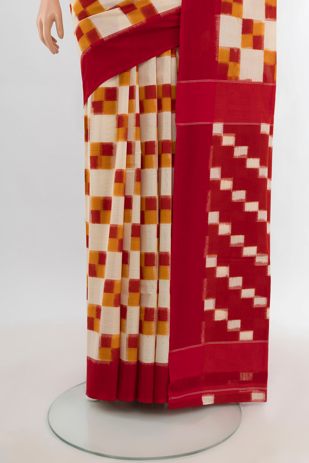 Pleats and pallu of Multi Color Pochampally Cotton Saree with Ikat Print on the body and Plain Border. 