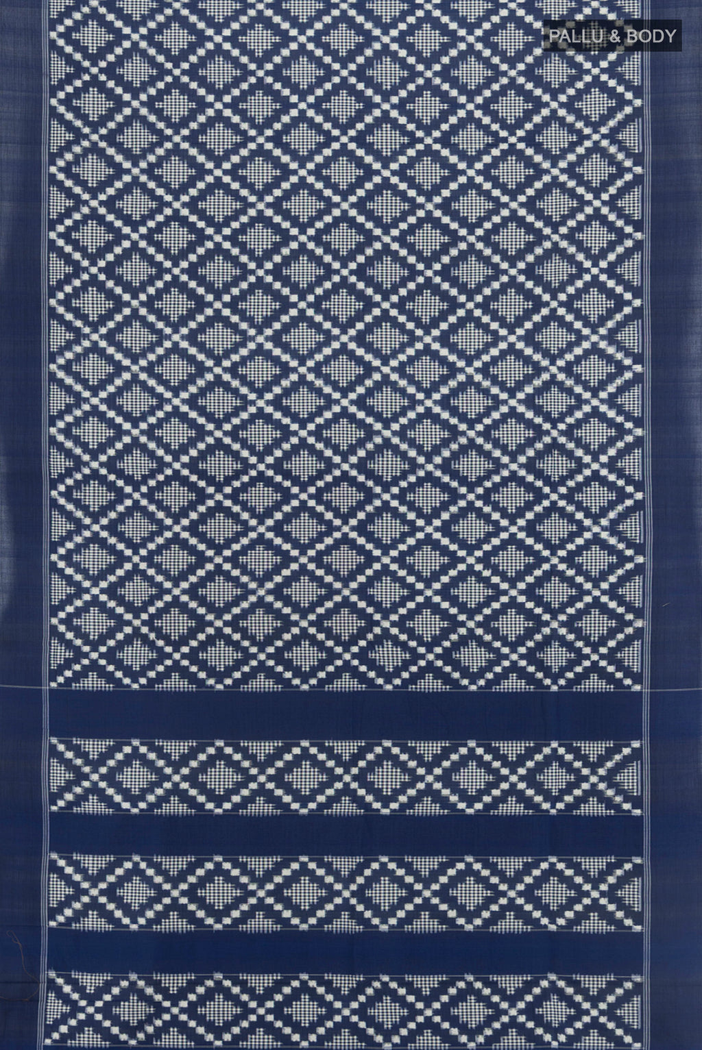 Flat view of Blue Pochampally Cotton Saree with Ikat design on the body and Plain Border. 