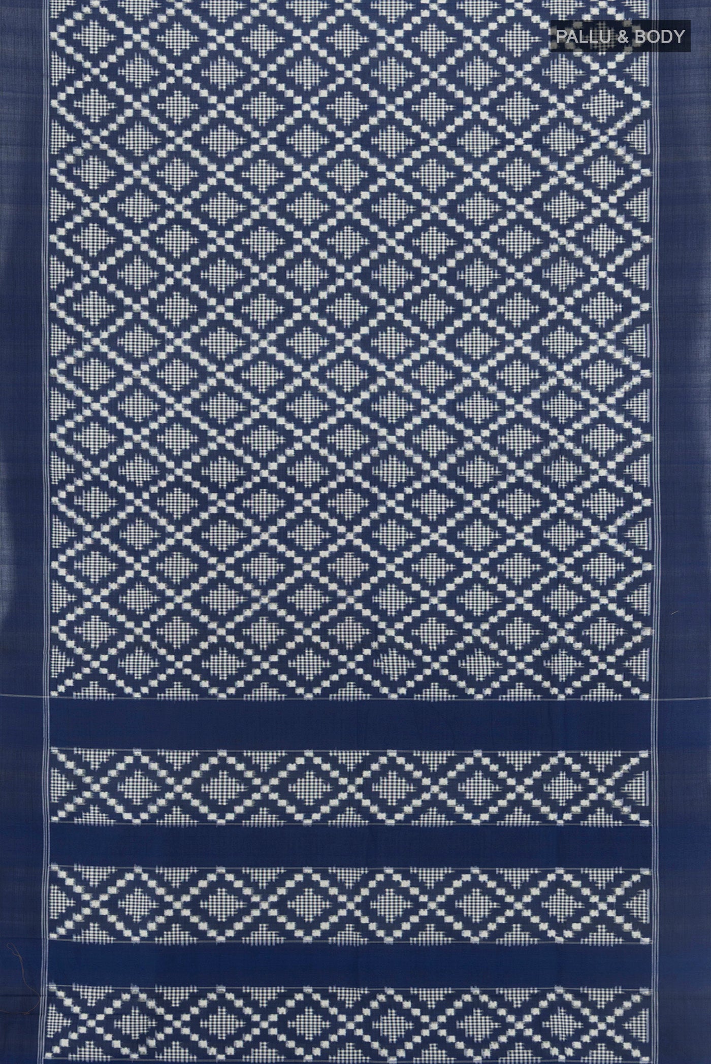 Flat view of Blue Pochampally Cotton Saree with Ikat design on the body and Plain Border. 