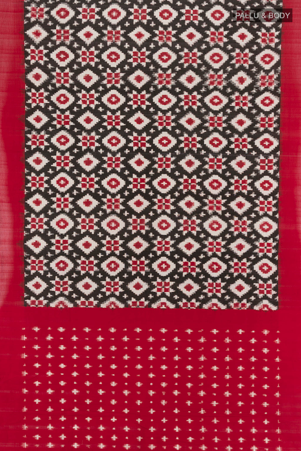 Flat view of Black Pochampally Cotton Saree with Ikat design on the body and Plain Border. 
