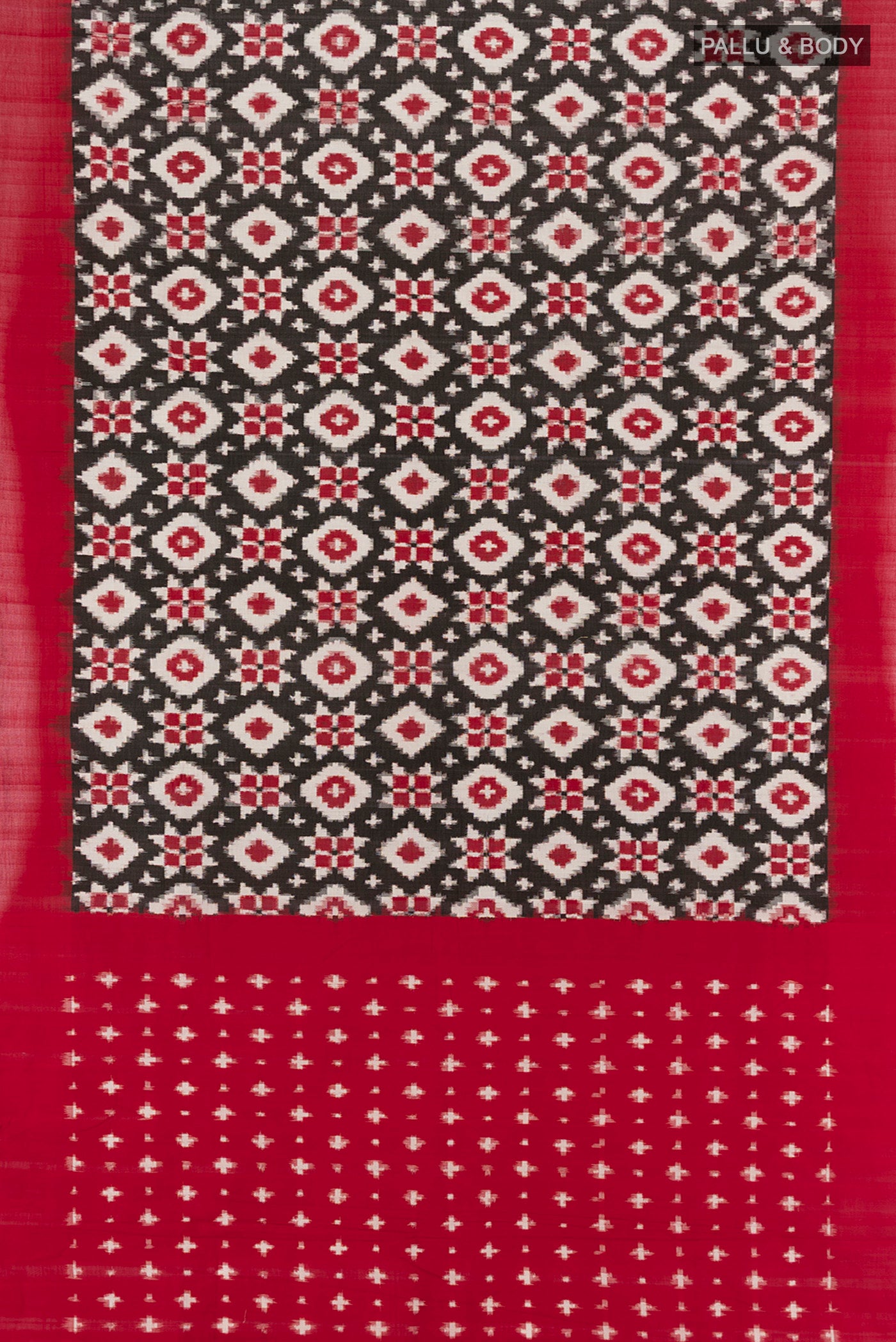 Flat view of Black Pochampally Cotton Saree with Ikat design on the body and Plain Border. 