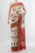 Cream Maheshwari Silk Cotton Saree with Ikat Print on the body and Silk Border.  displayed on a mannequin