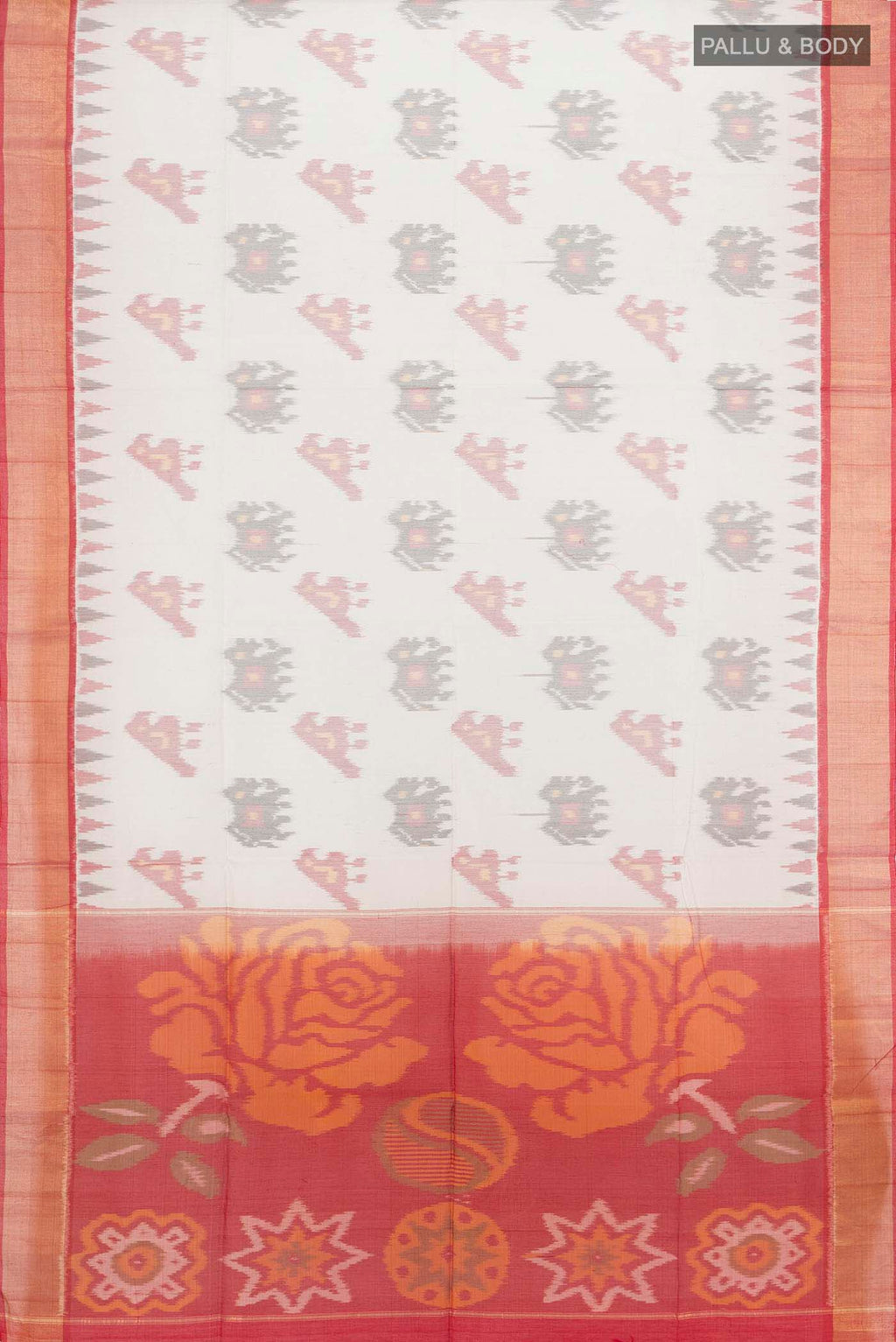 Flat view of Cream Maheshwari Silk Cotton Saree with Ikat Print on the body and Silk Border. 