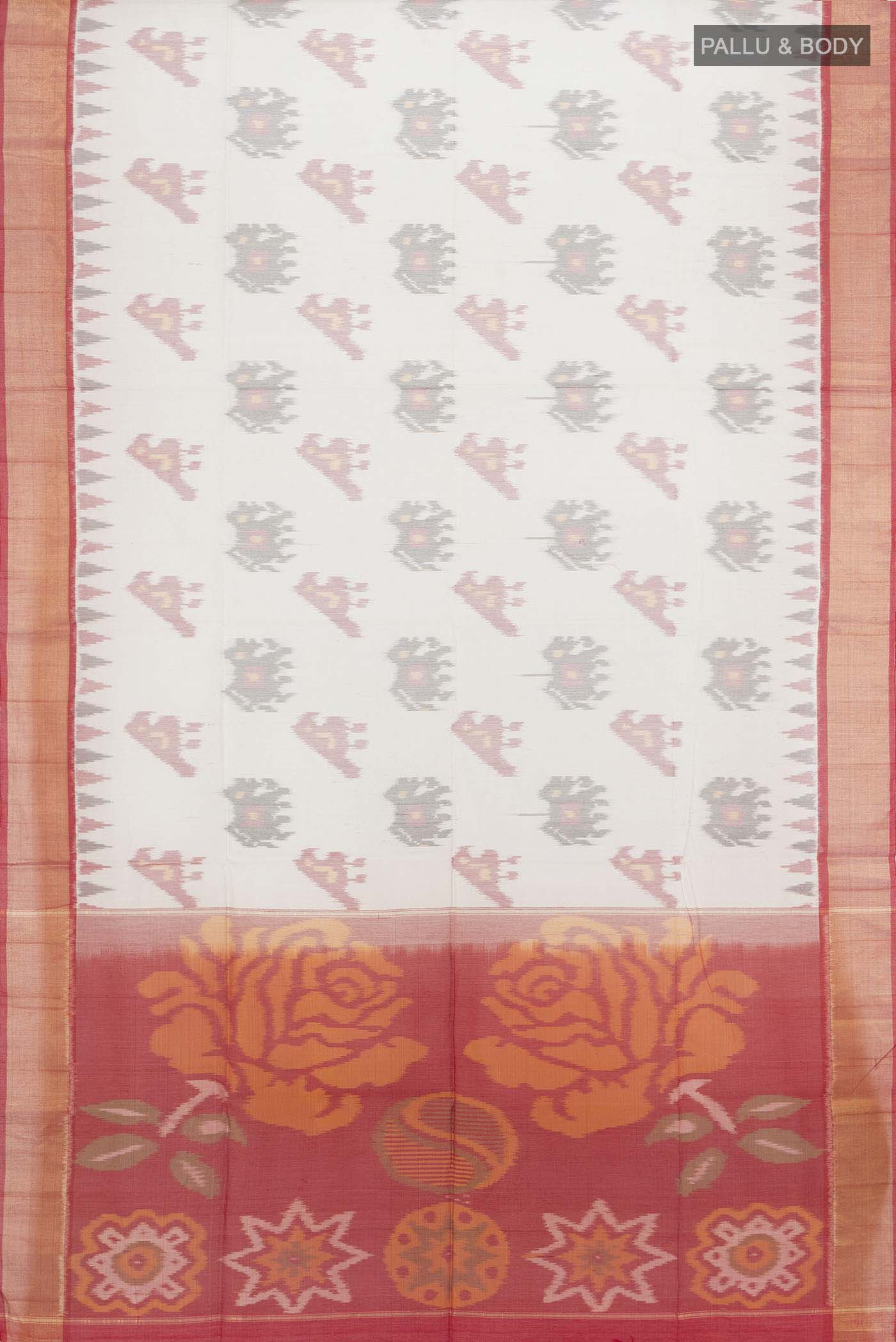 Flat view of Cream Maheshwari Silk Cotton Saree with Ikat Print on the body and Silk Border. 