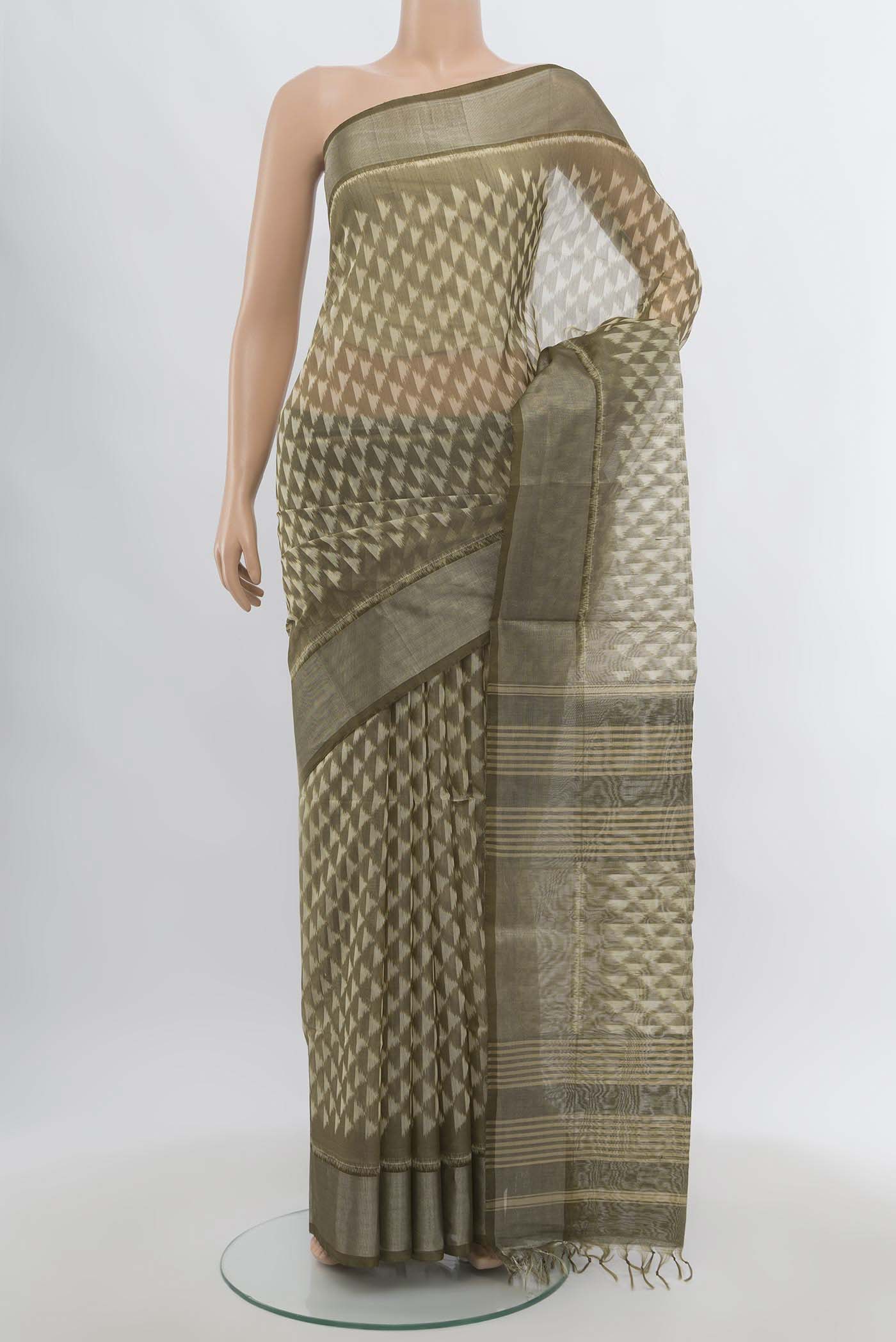 Multi Color Kora Cotton Saree with Zari Butta on the body and Zari Border.  displayed on a mannequin