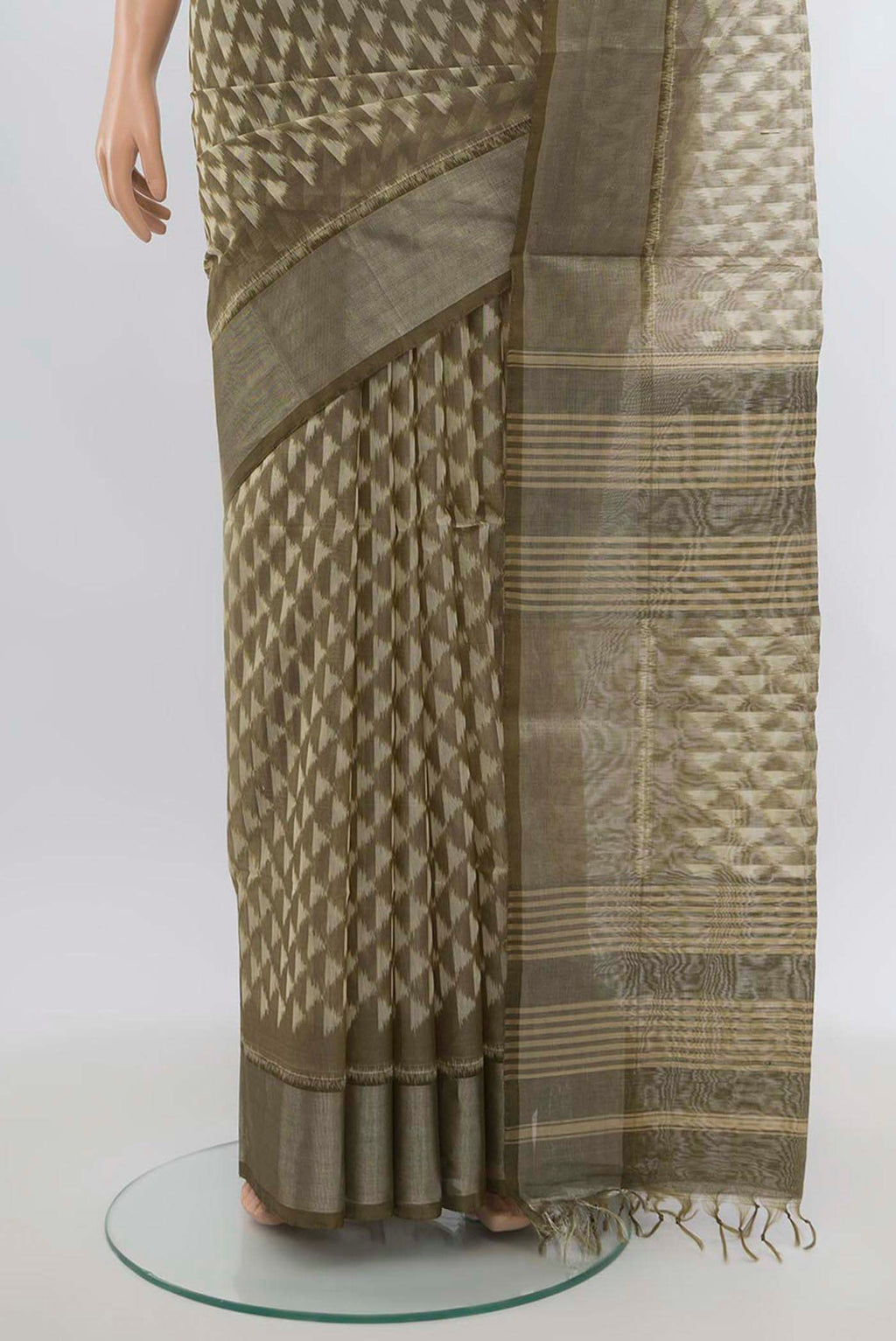 Pleats and pallu of Multi Color Kora Cotton Saree with Zari Butta on the body and Zari Border. 