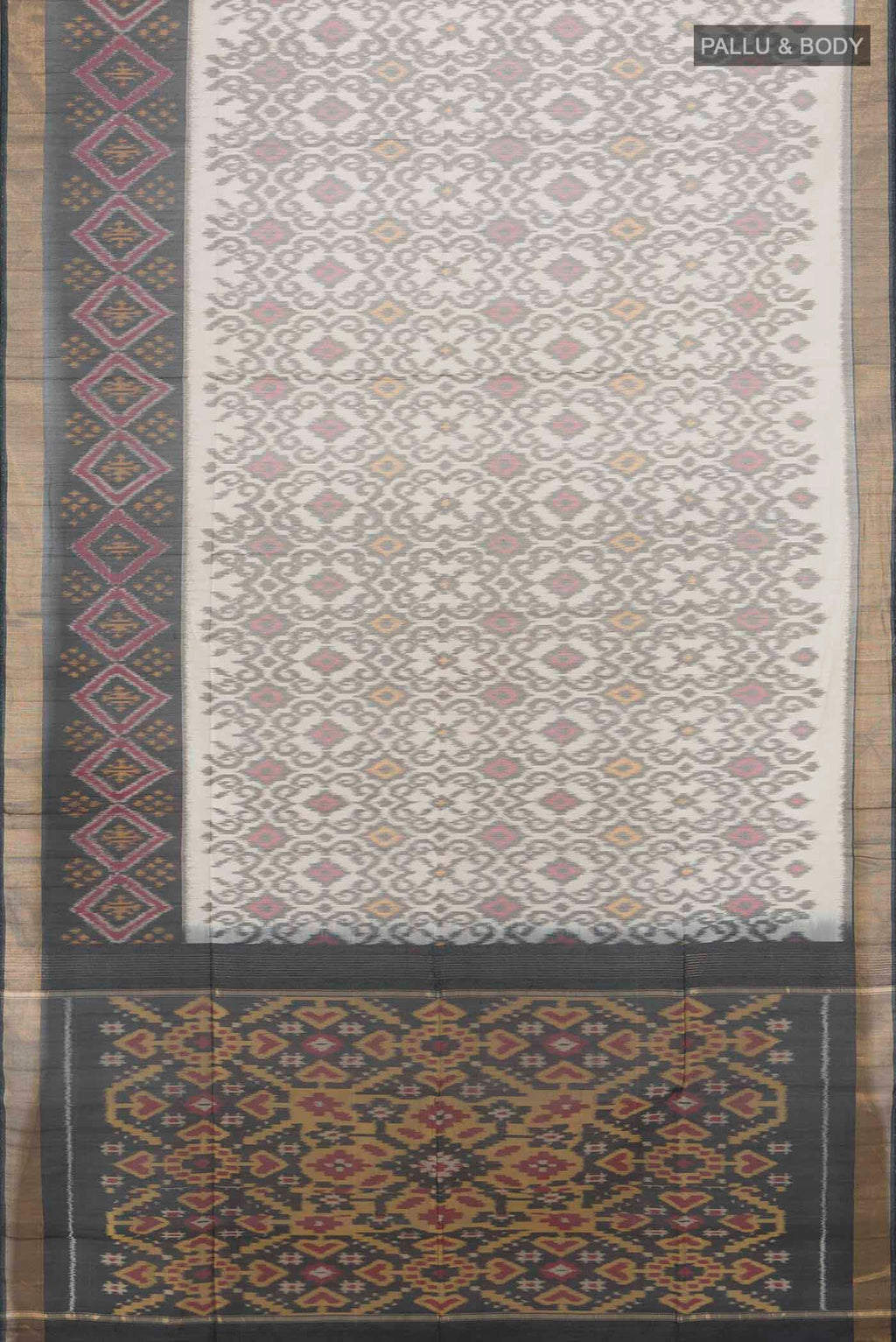 Flat view of Multi Color Kora Cotton Saree with Zari Butta on the body and Zari Border. 