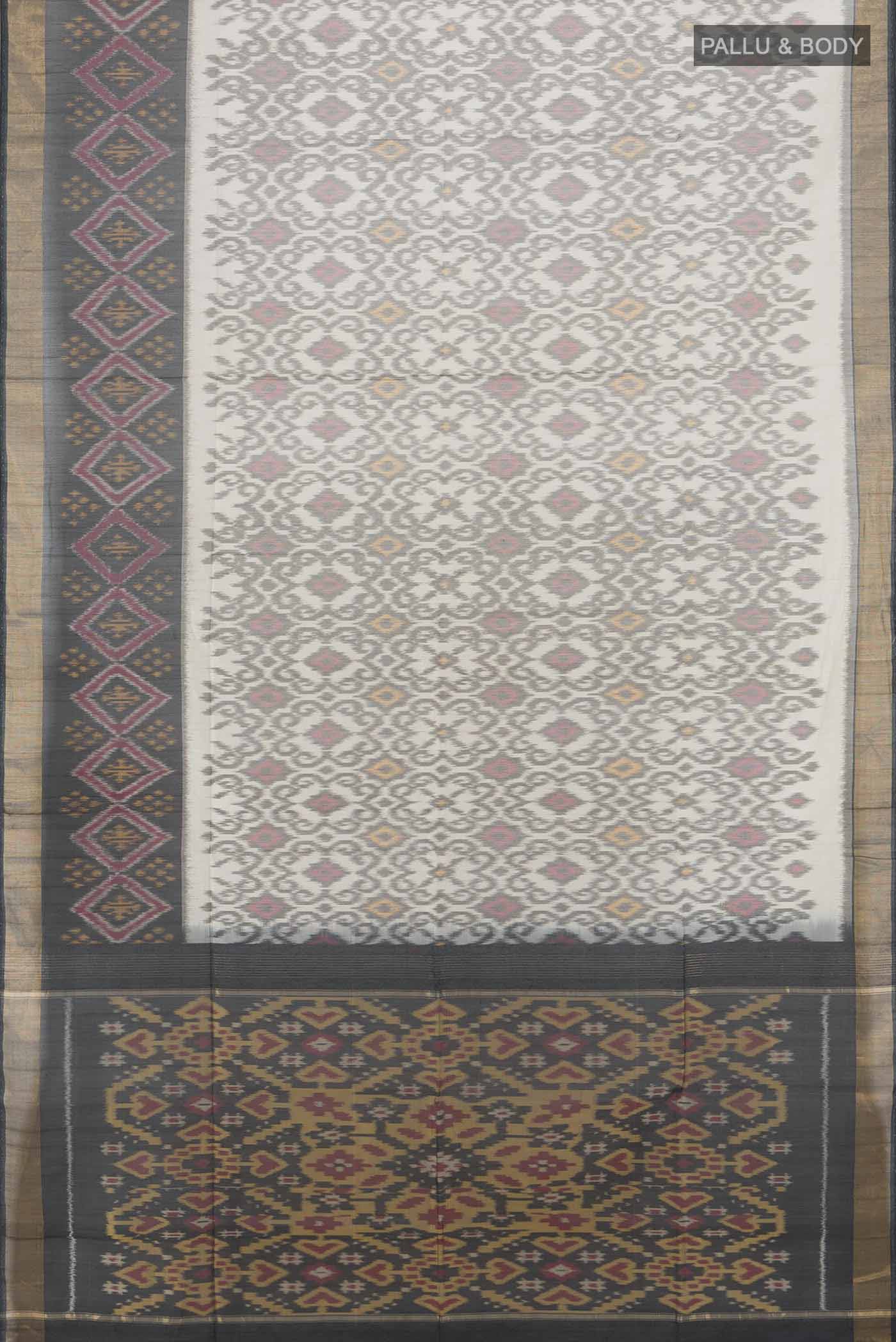 Flat view of Multi Color Kora Cotton Saree with Zari Butta on the body and Zari Border. 