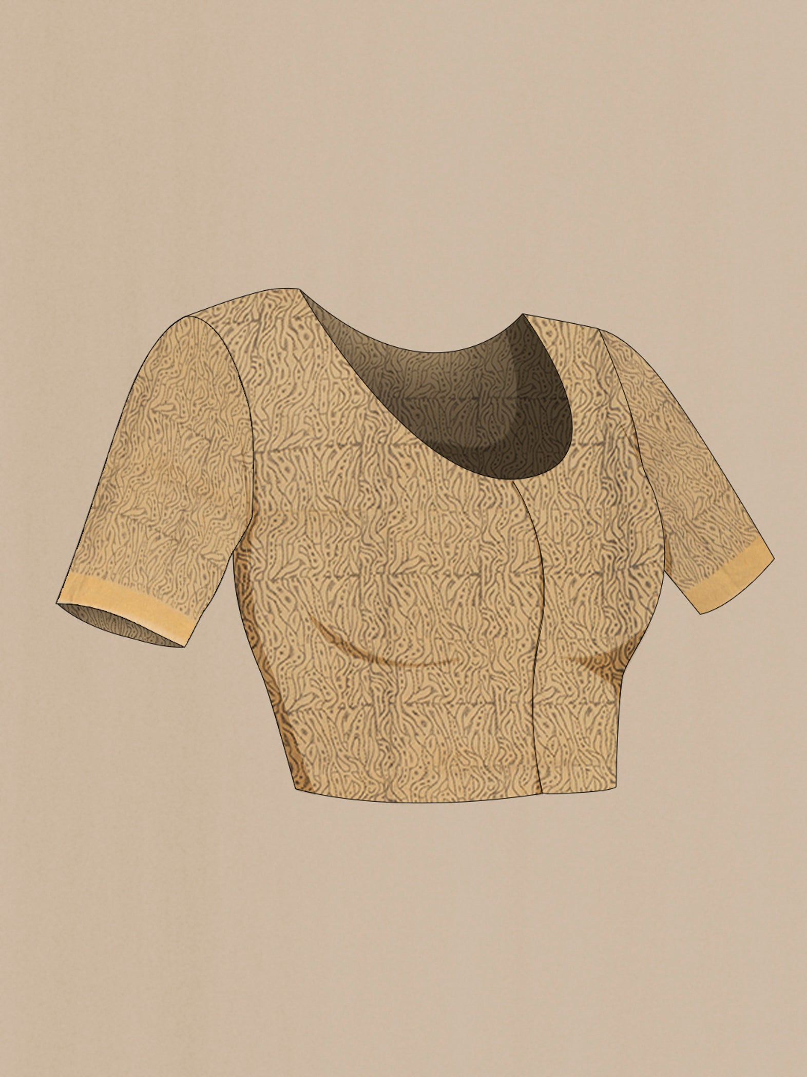 Close up image of the blouse of Beige Tussar Silk Saree with kalamkari Print on the body and Zari Border. 
