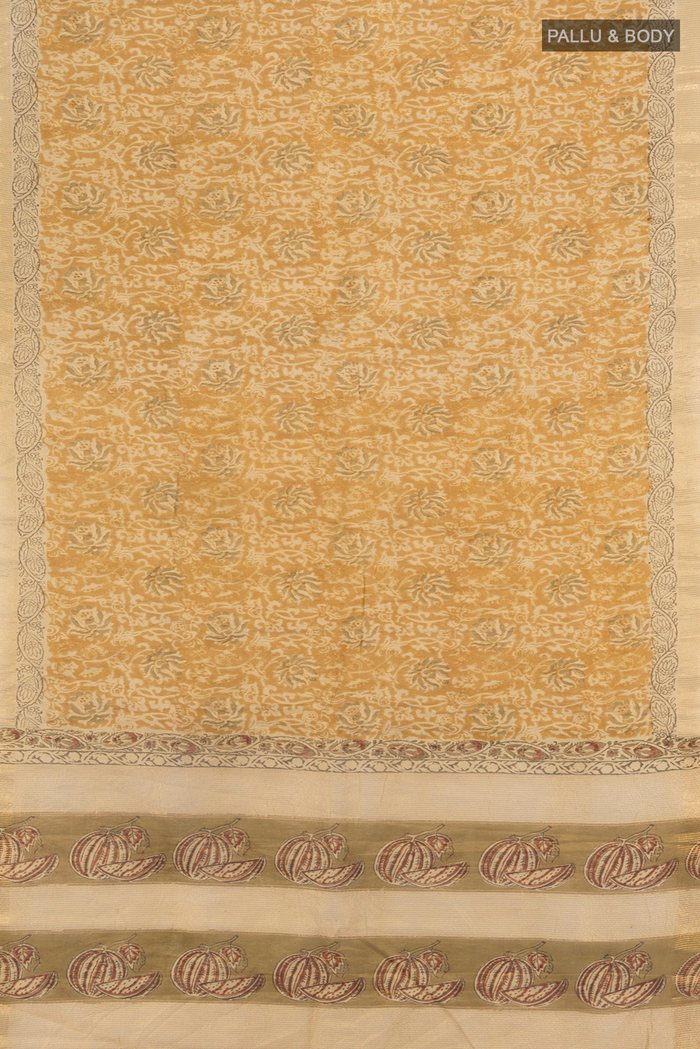 Flat view of Mustard Tussar Silk Saree with kalamkari Print on the body and Zari Border. 