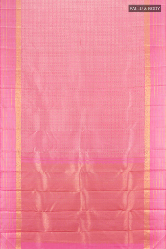 Flat view of Rose pink Kanchipuram Silk Saree with Zari Butta on the body and Silk Border. 