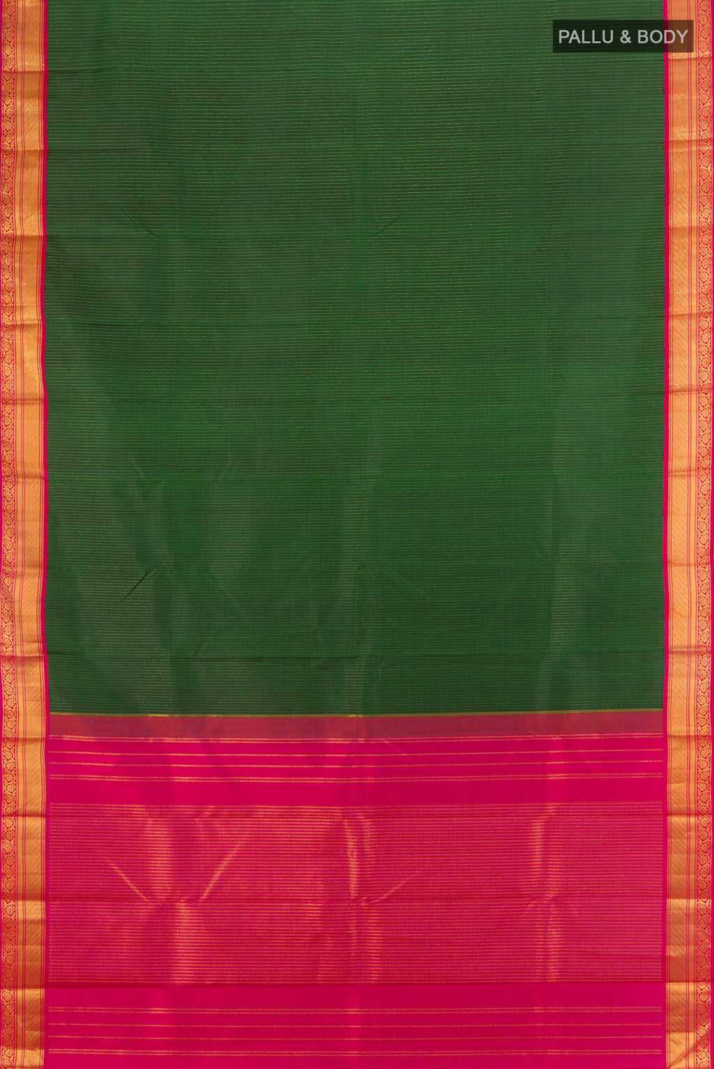 Flat view of Pure Silk Pure Zari Bottle Green Kanjivaram Saree with Zari Butta on the body and Silk Border. 