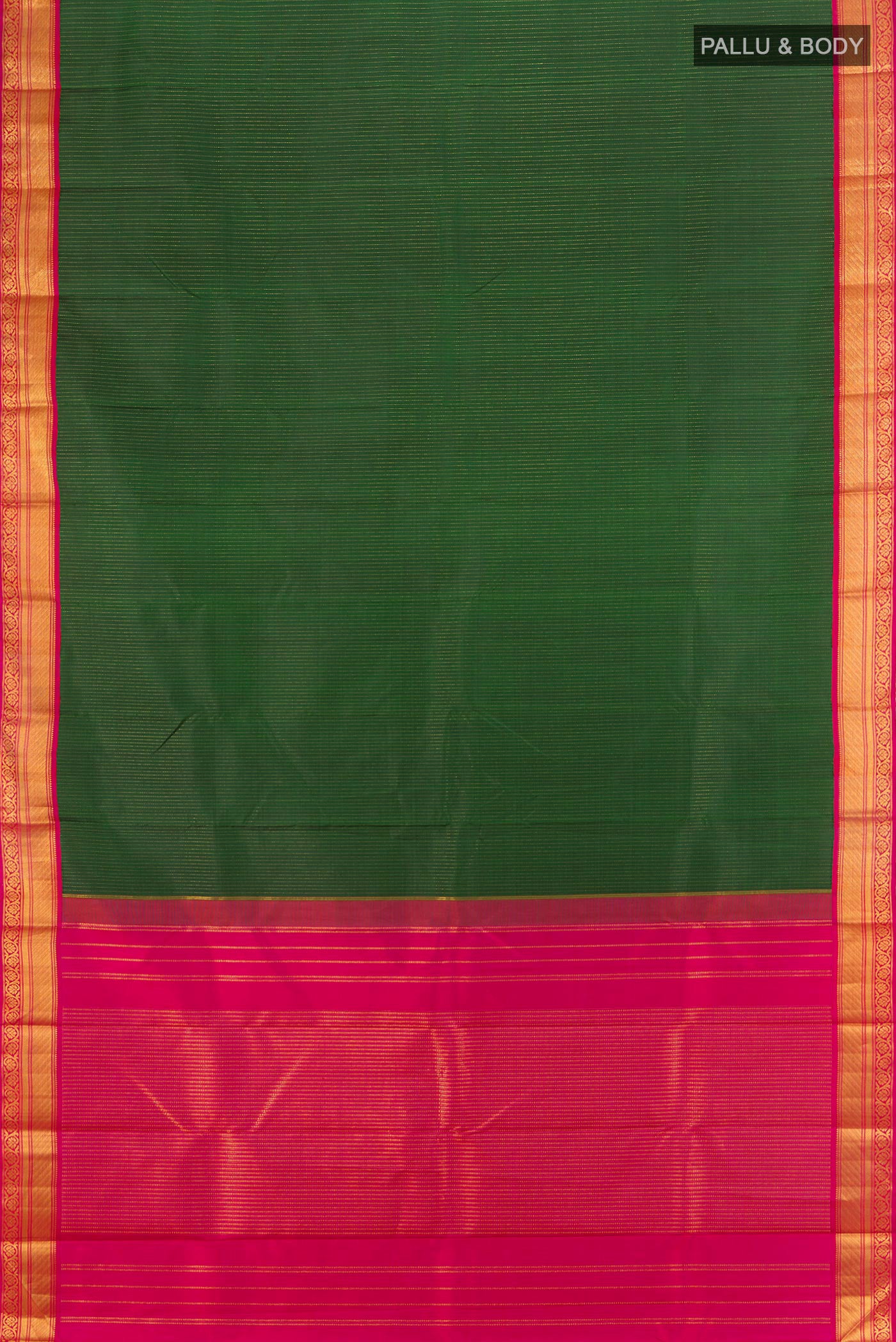 Flat view of Pure Silk Pure Zari Bottle Green Kanjivaram Saree with Zari Butta on the body and Silk Border. 