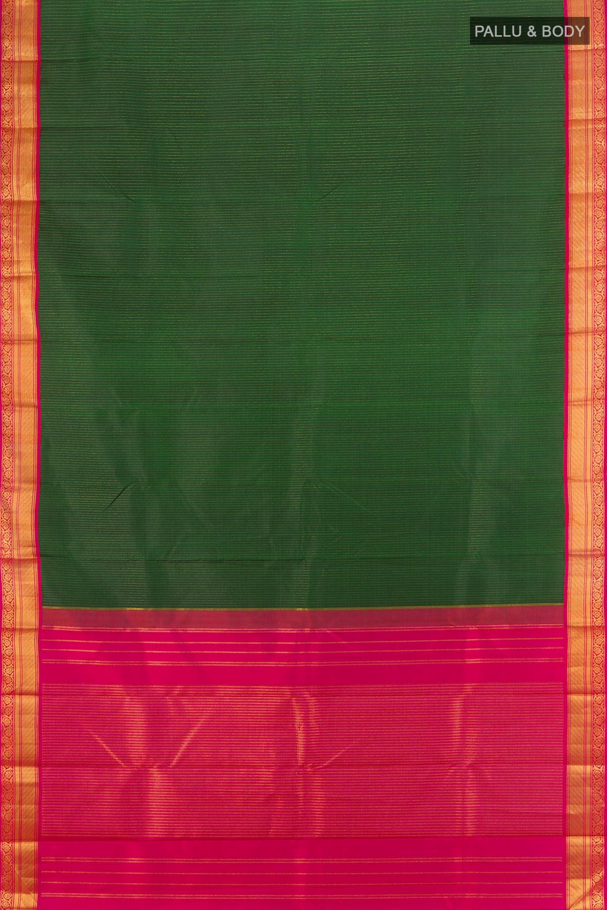 Flat view of Pure Silk Pure Zari Bottle Green Kanjivaram Saree with Zari Butta on the body and Silk Border. 