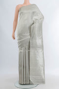 Silver Kanchipuram Silk Saree with Zari Brocade on the body and Zari Border.  displayed on a mannequin