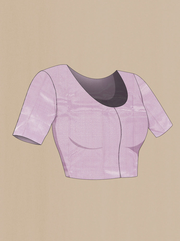Close up image of the blouse of Lavender Kanchipuram Silk Saree with Zari Butta on the body and Silk Border. 