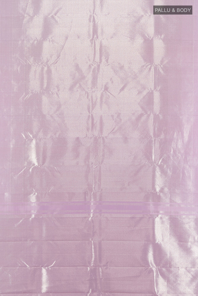Flat view of Lavender Kanchipuram Silk Saree with Zari Butta on the body and Silk Border. 