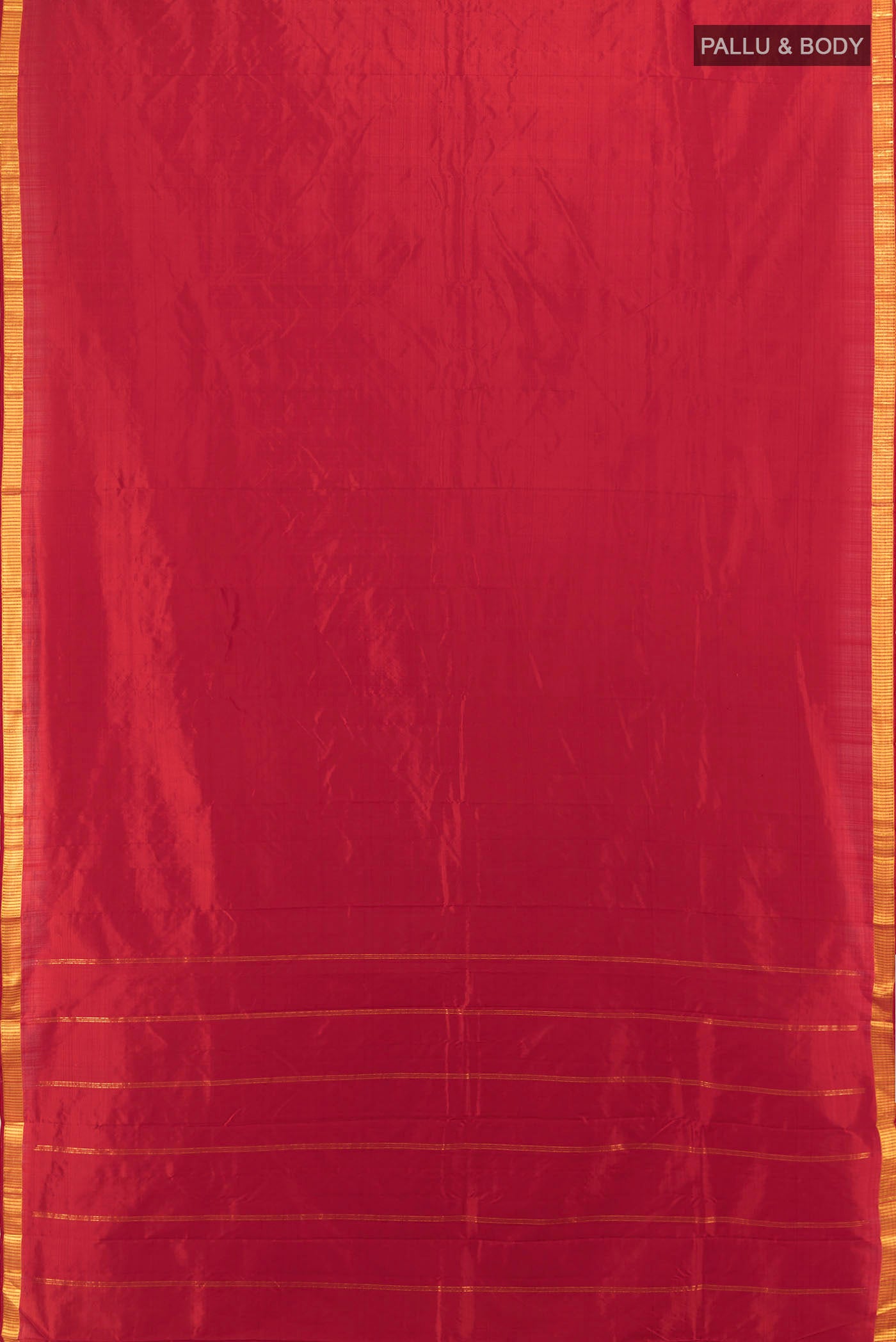 Flat view of Red Kanchipuram Silk Saree with Zari Butta on the body and Silk Border. 