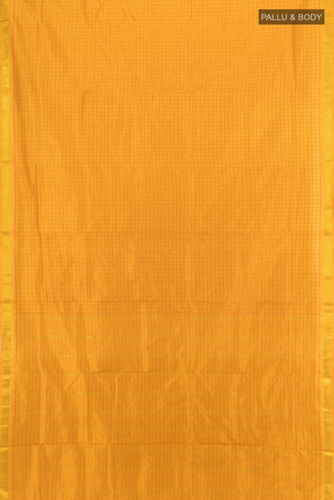 Flat view of Mustard Kanchipuram Silk Nine Yards Saree with Checked design on the body and Silk Border. 