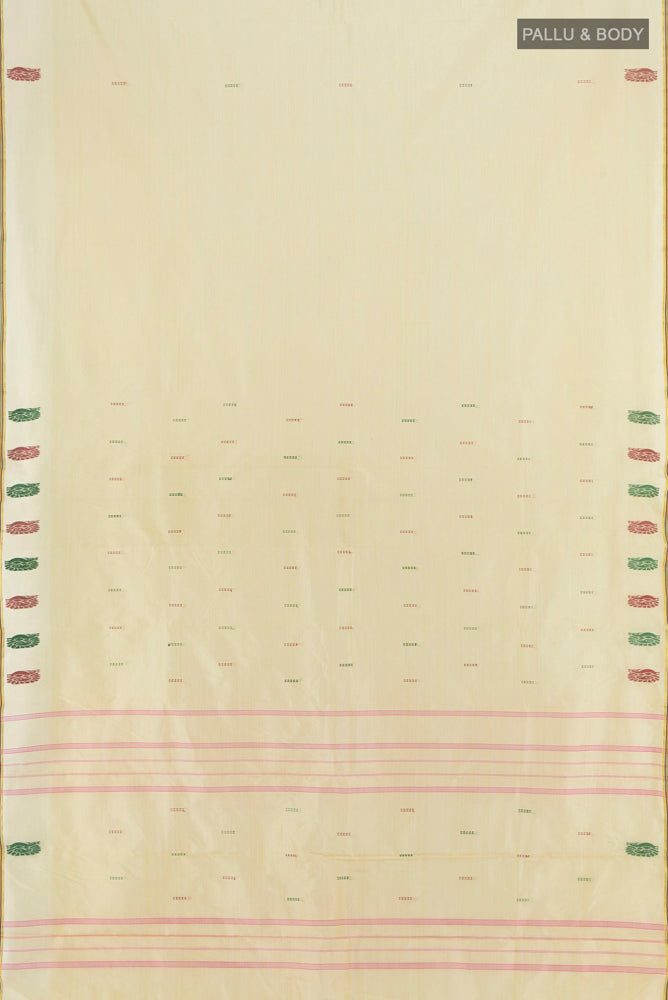 Flat view of Cream Kanchipuram Silk Saree with Plain Body and Silk Border. 