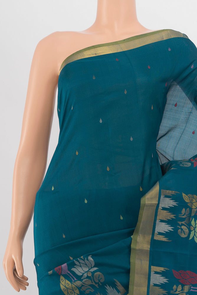 Border image of Peacock Blue Uppada Silk Saree with Zari Butta on the body and Silk Border. 