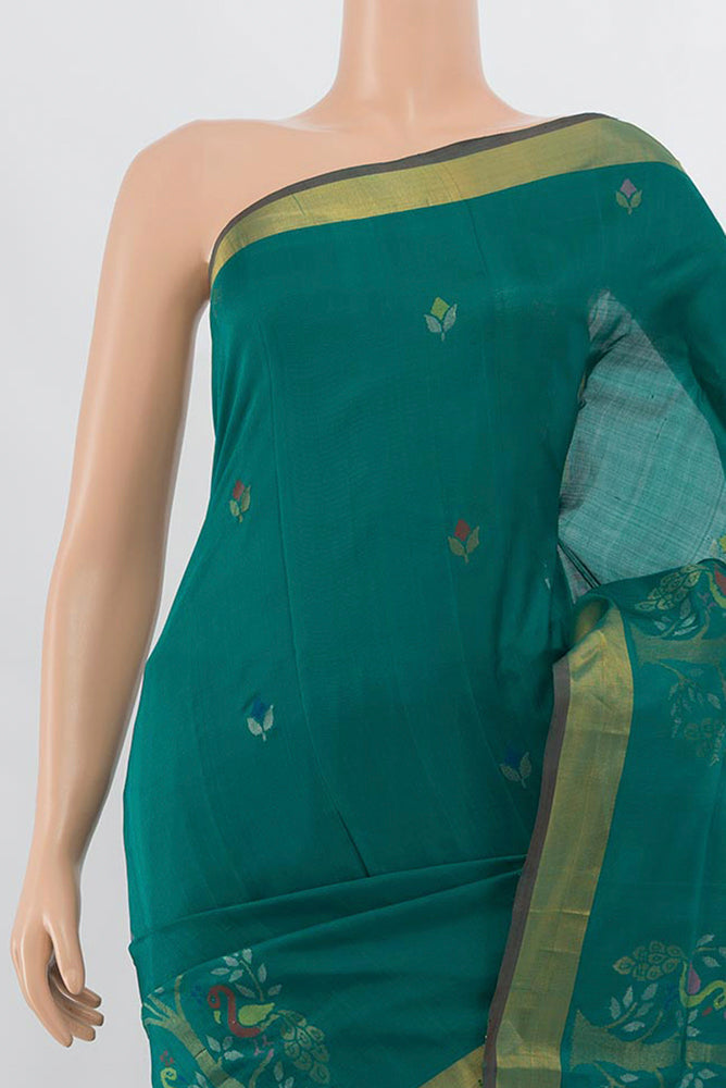 Border image of Peacock Blue Uppada Silk Saree with Zari Butta on the body and Silk Border. 
