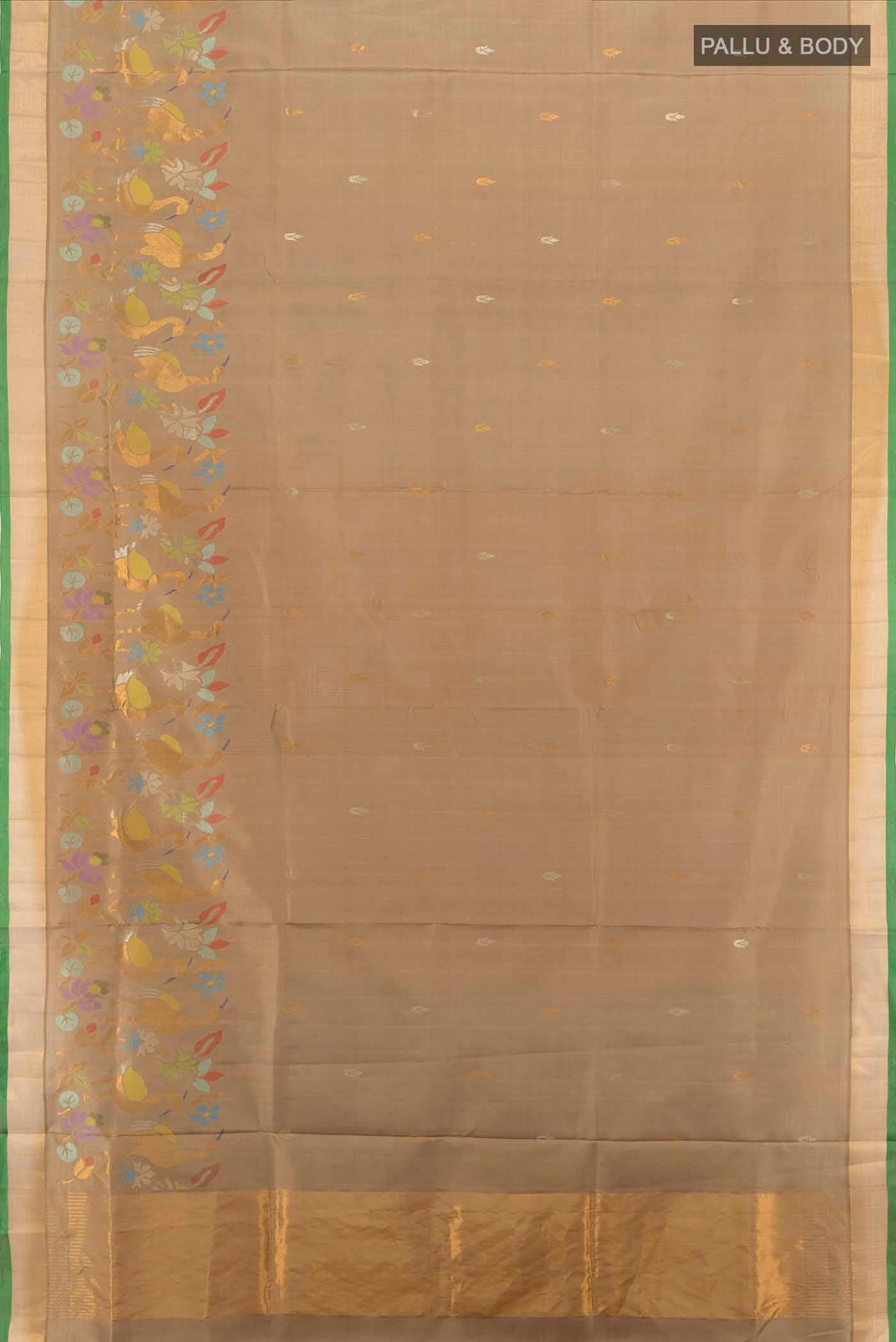 Flat view of Brown Uppada Silk Saree with Zari Butta on the body and Silk Border. 