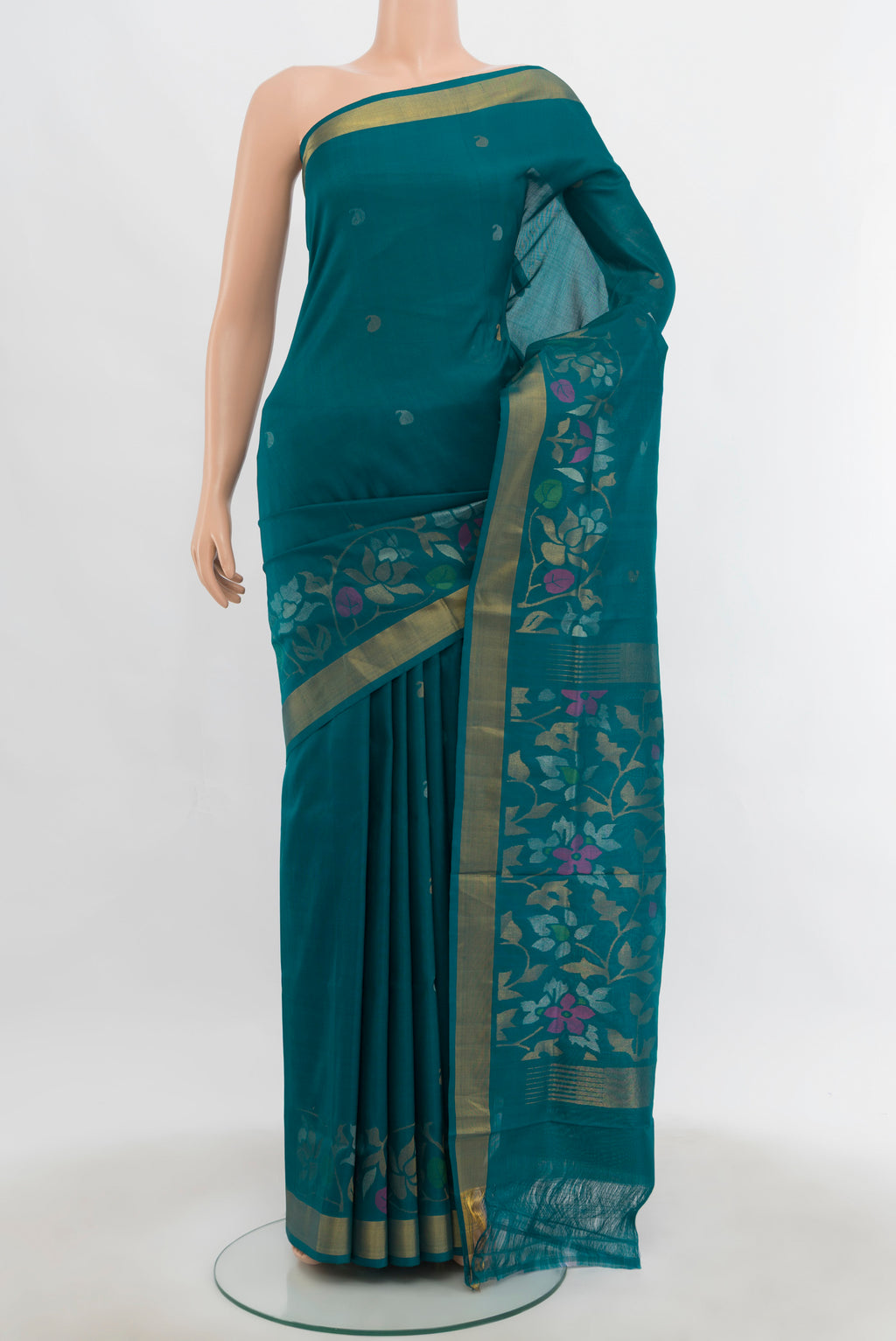 Dark Blue Uppada Silk Saree with Zari Butta on the body and Silk Border.  displayed on a mannequin