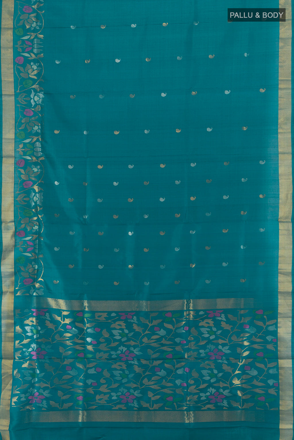 Flat view of Dark Blue Uppada Silk Saree with Zari Butta on the body and Silk Border. 