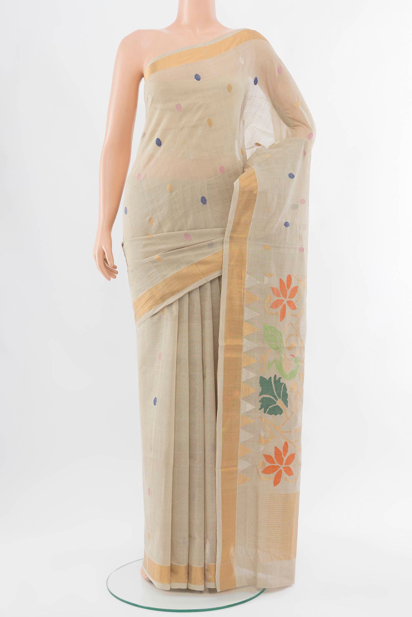 Pure Silk Pure Zari Beige Uppada Cotton Saree with Zari And Thread Butta on the body and Zari Border displayed on a mannequin