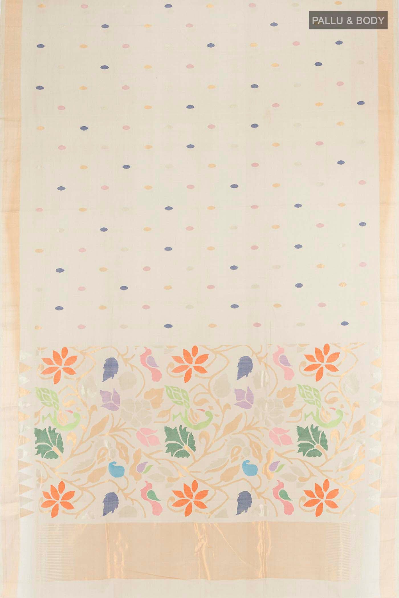 Flat view of Pure Silk Pure Zari Beige Uppada Cotton Saree with Zari And Thread Butta on the body and Zari Border