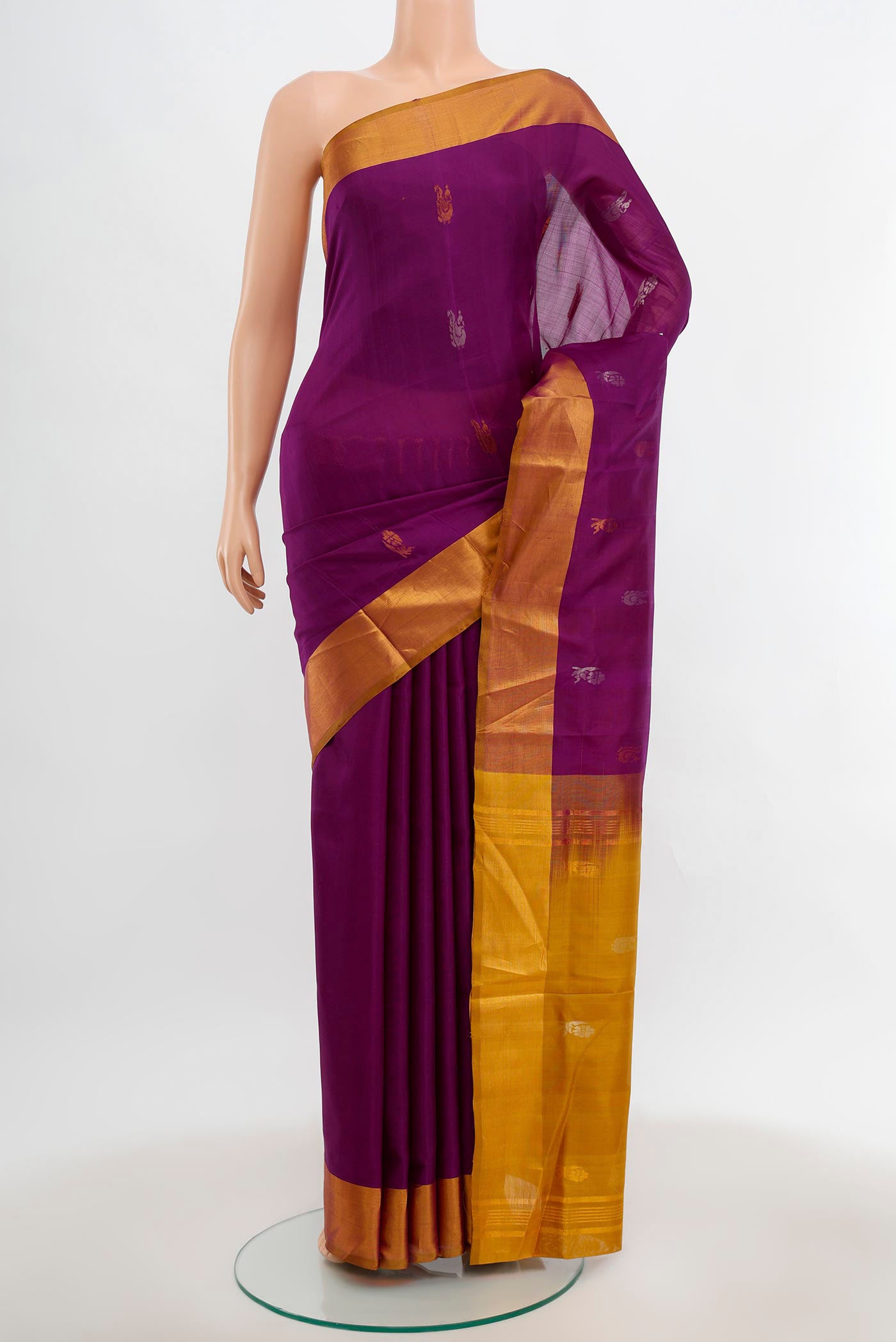 Violet Uppada Silk Saree with Zari Butta on the body and Silk Border.  displayed on a mannequin