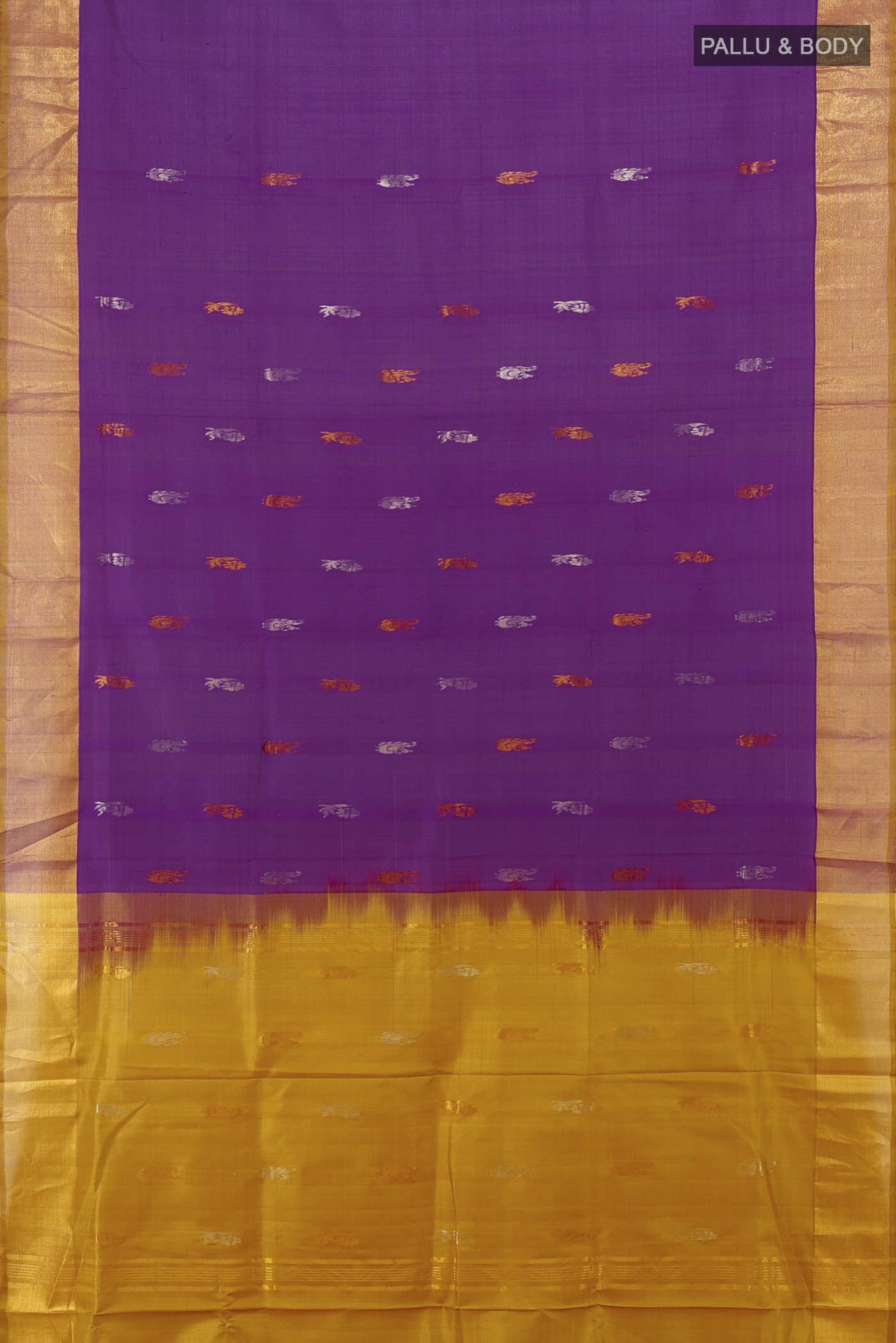 Flat view of Violet Uppada Silk Saree with Zari Butta on the body and Silk Border. 