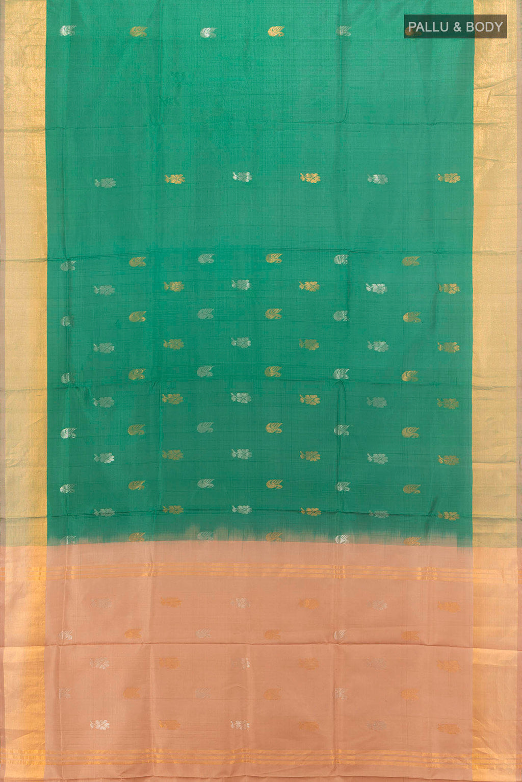Flat view of Mint Green Uppada Silk Saree with Zari Butta on the body and Silk Border. 