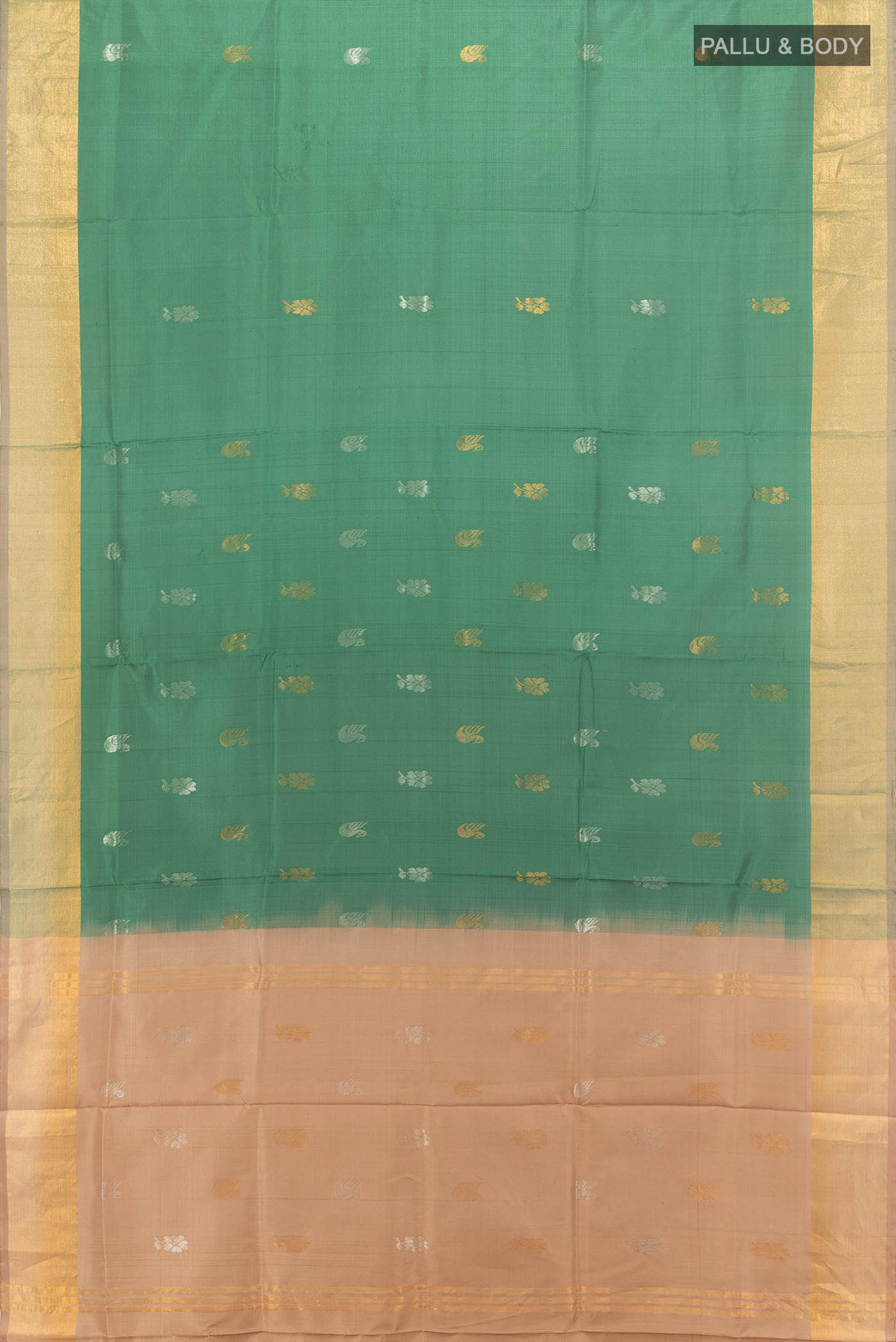 Flat view of Mint Green Uppada Silk Saree with Zari Butta on the body and Silk Border. 