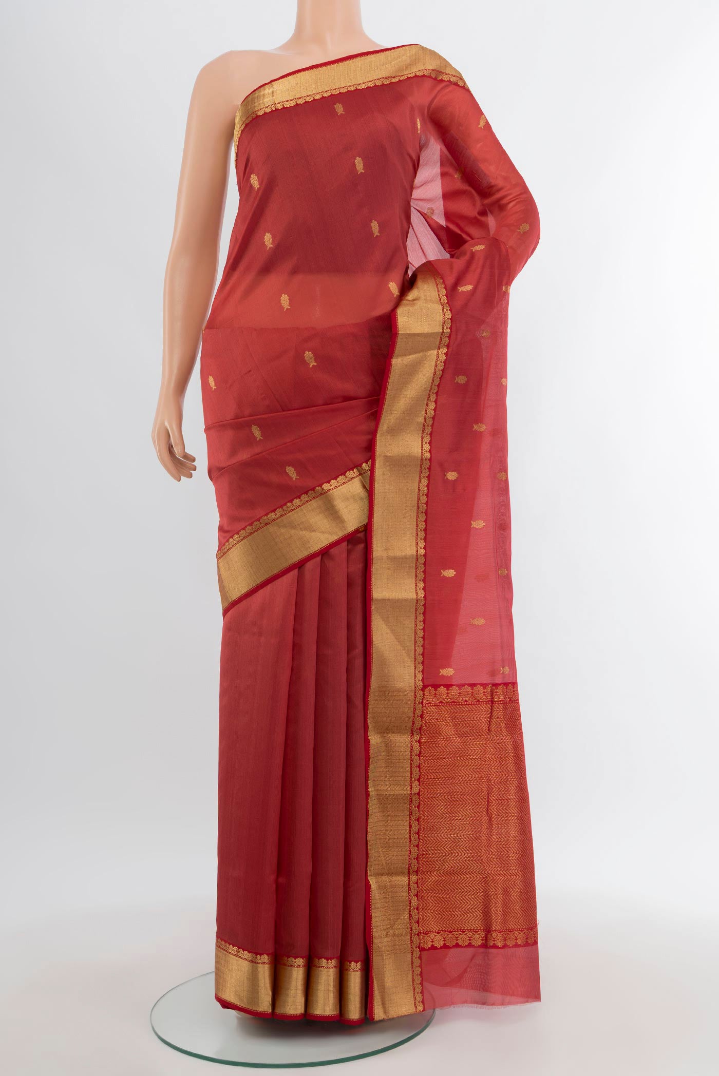 Red Chanderi Silk Cotton Saree with Zari Butta on the body and Zari Border.  displayed on a mannequin