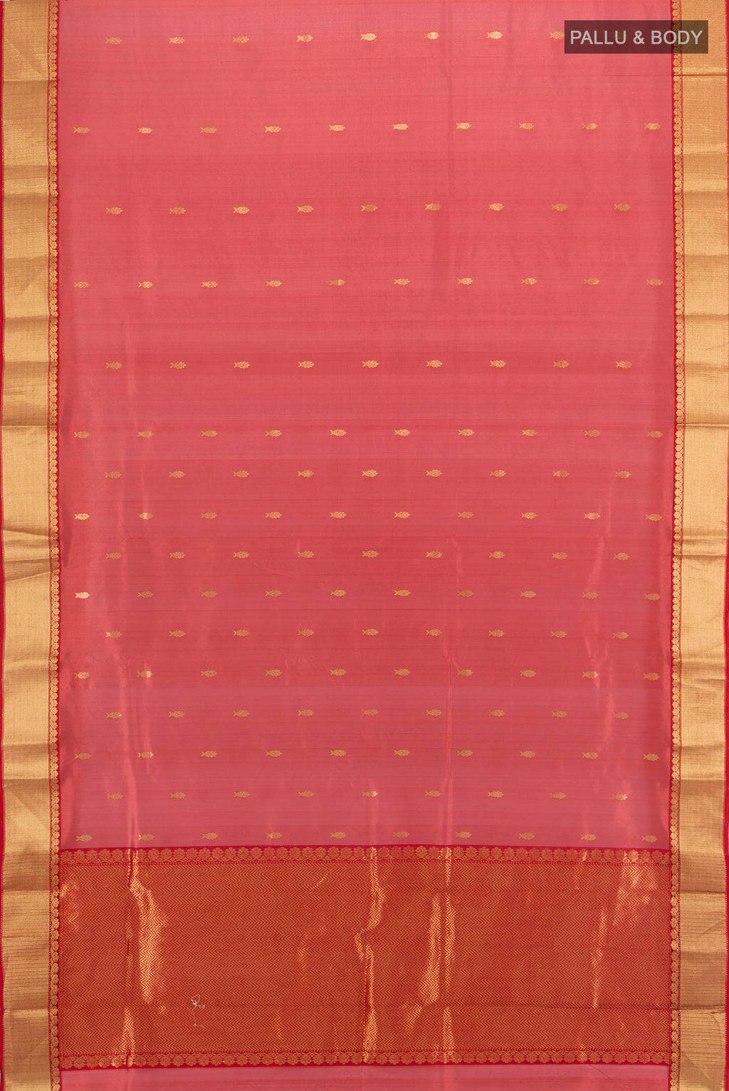 Flat view of Red Chanderi Silk Cotton Saree with Zari Butta on the body and Zari Border. 