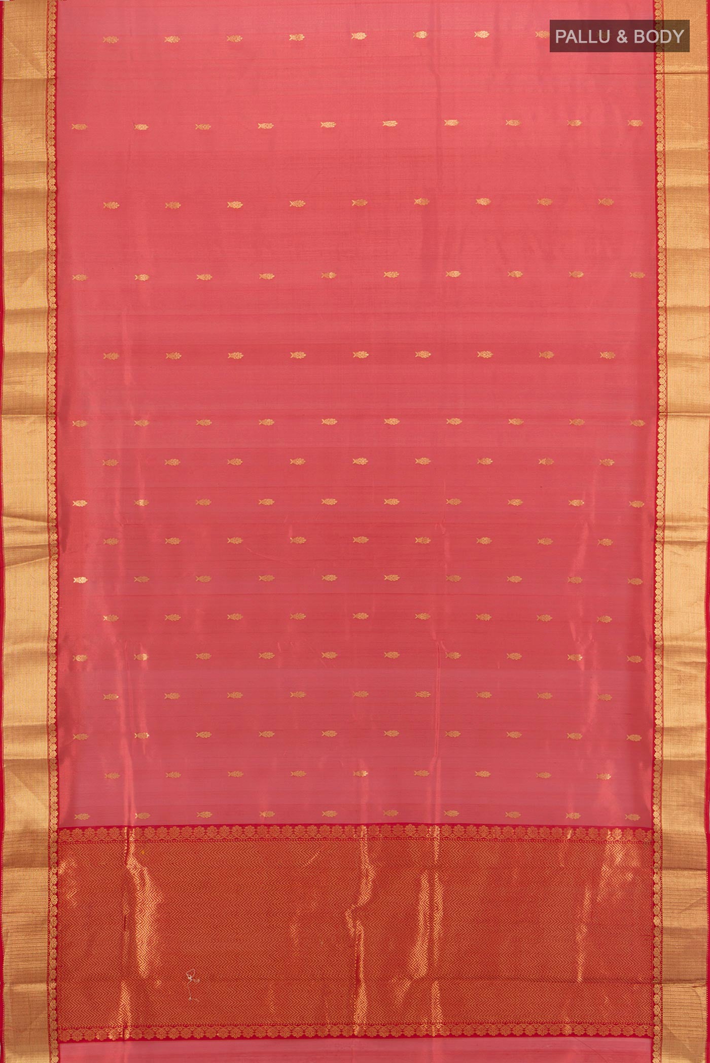 Flat view of Red Chanderi Silk Cotton Saree with Zari Butta on the body and Zari Border. 