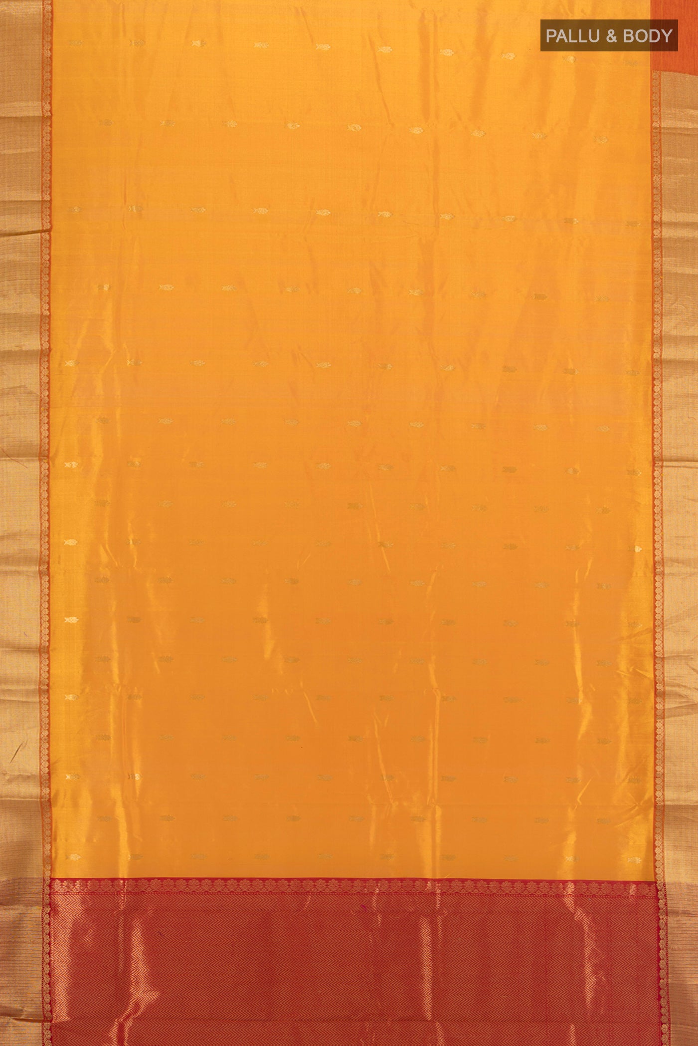 Flat view of Yellow Chanderi Silk Cotton Saree with Zari Butta on the body and Zari Border. 