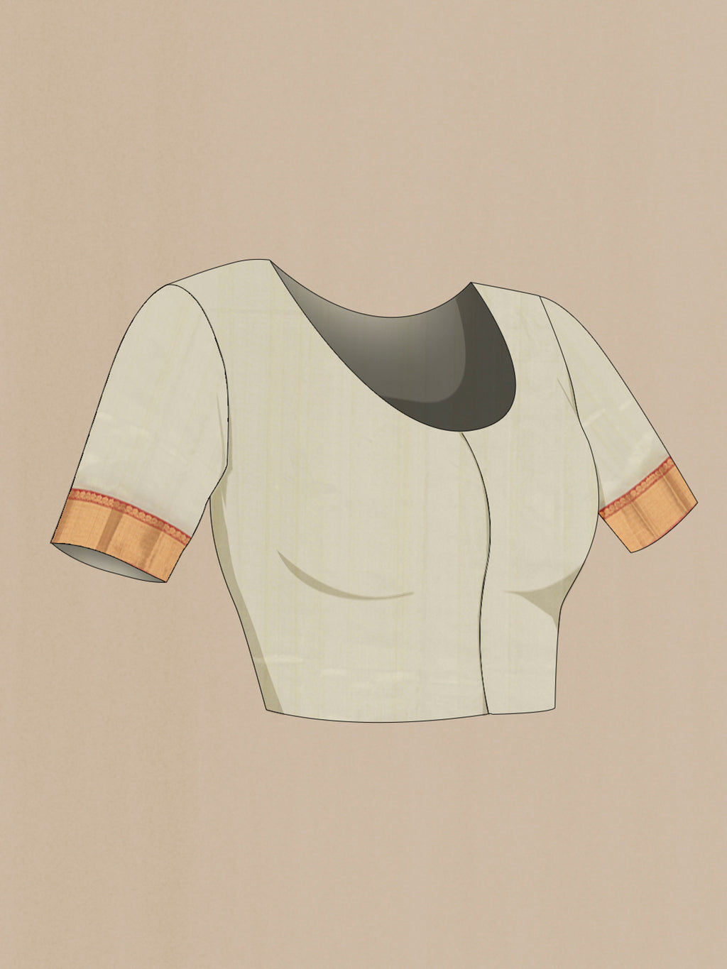 Close up image of the blouse of Cream Chanderi Silk Cotton Saree with Zari Butta on the body and Zari Border. 