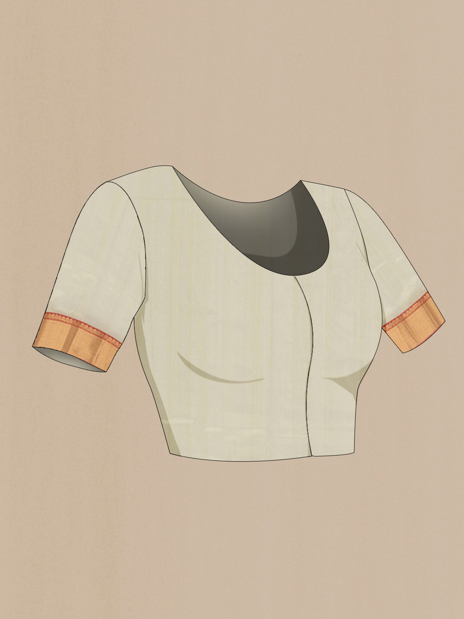Close up image of the blouse of Cream Chanderi Silk Cotton Saree with Zari Butta on the body and Zari Border. 