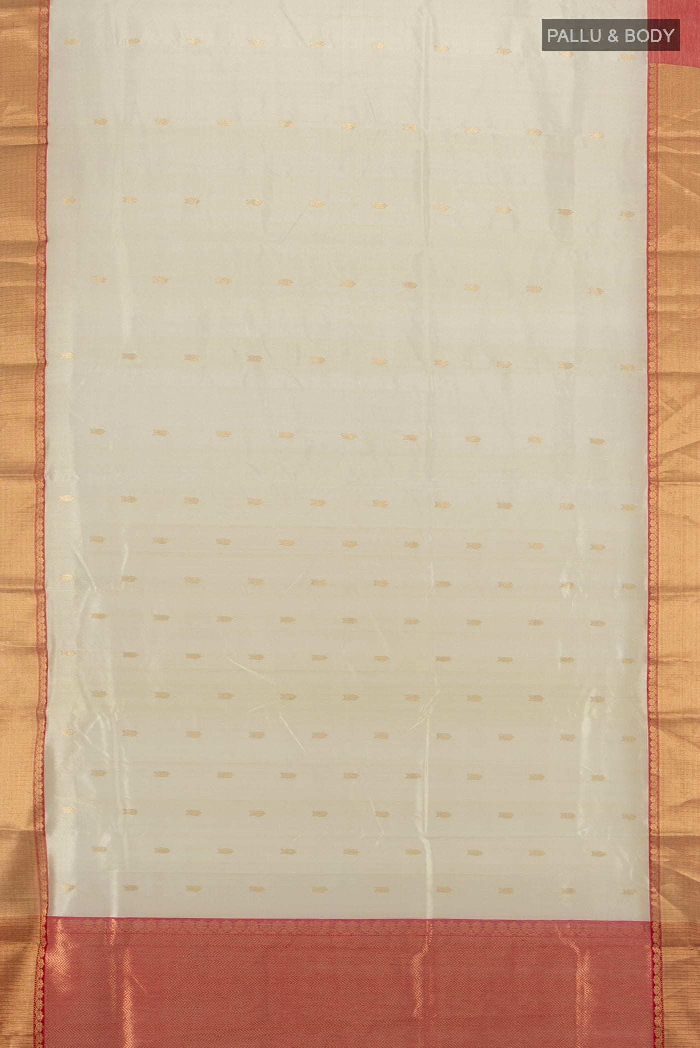 Flat view of Cream Chanderi Silk Cotton Saree with Zari Butta on the body and Zari Border. 