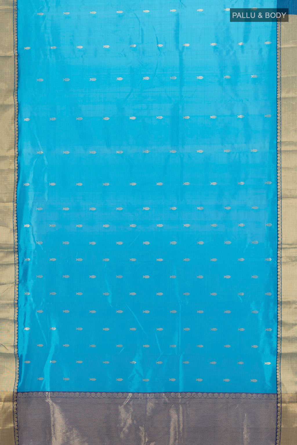 Flat view of Blue Chanderi Silk Cotton Saree with Zari Butta on the body and Zari Border. 