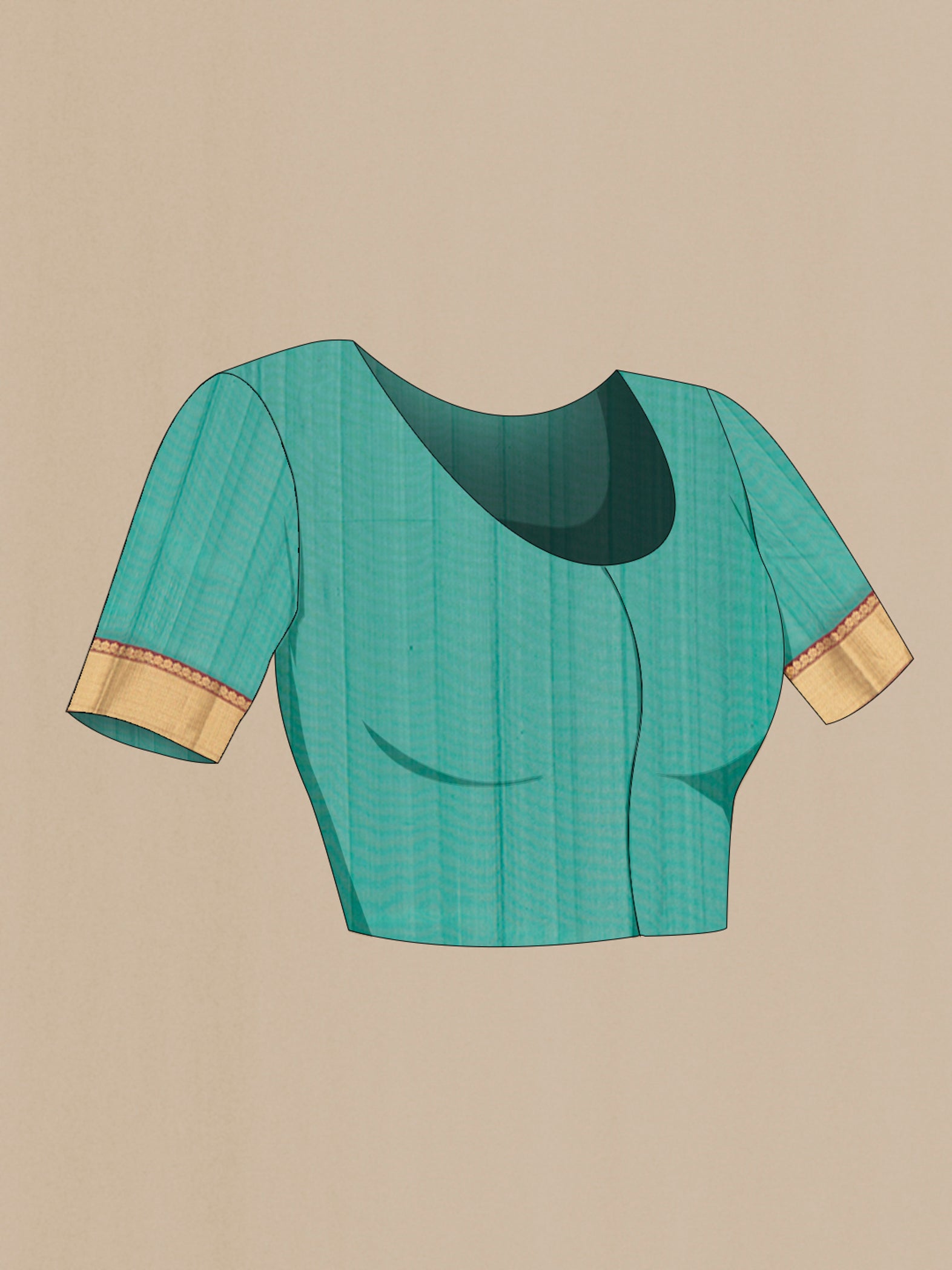 Close up image of the blouse of Teal Chanderi Silk Cotton Saree with Zari Butta on the body and Zari Border. 