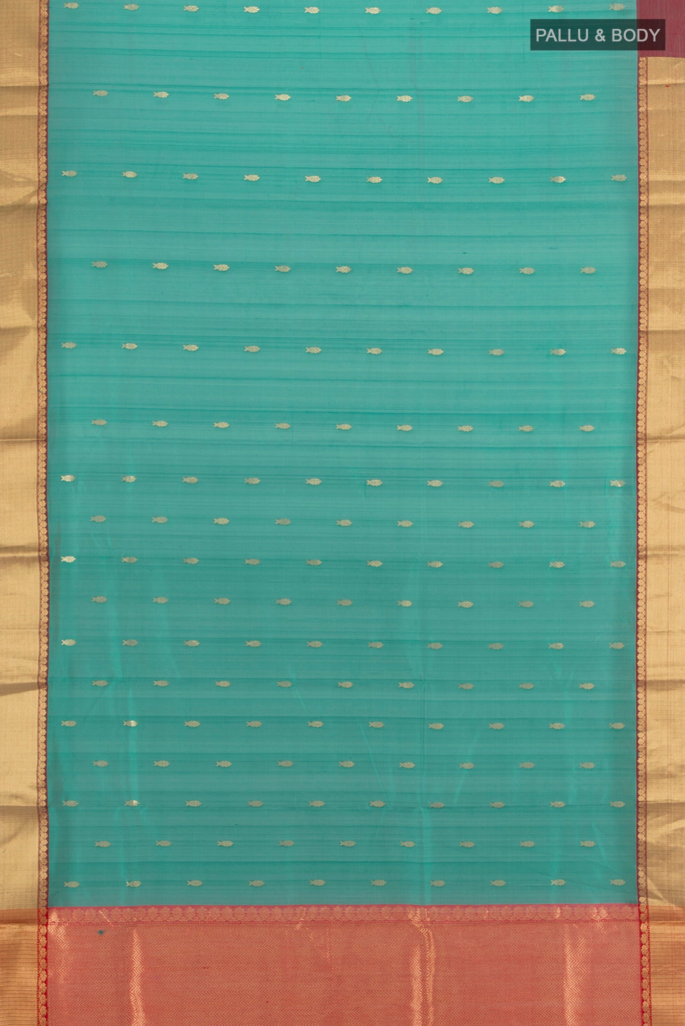 Flat view of Teal Chanderi Silk Cotton Saree with Zari Butta on the body and Zari Border. 