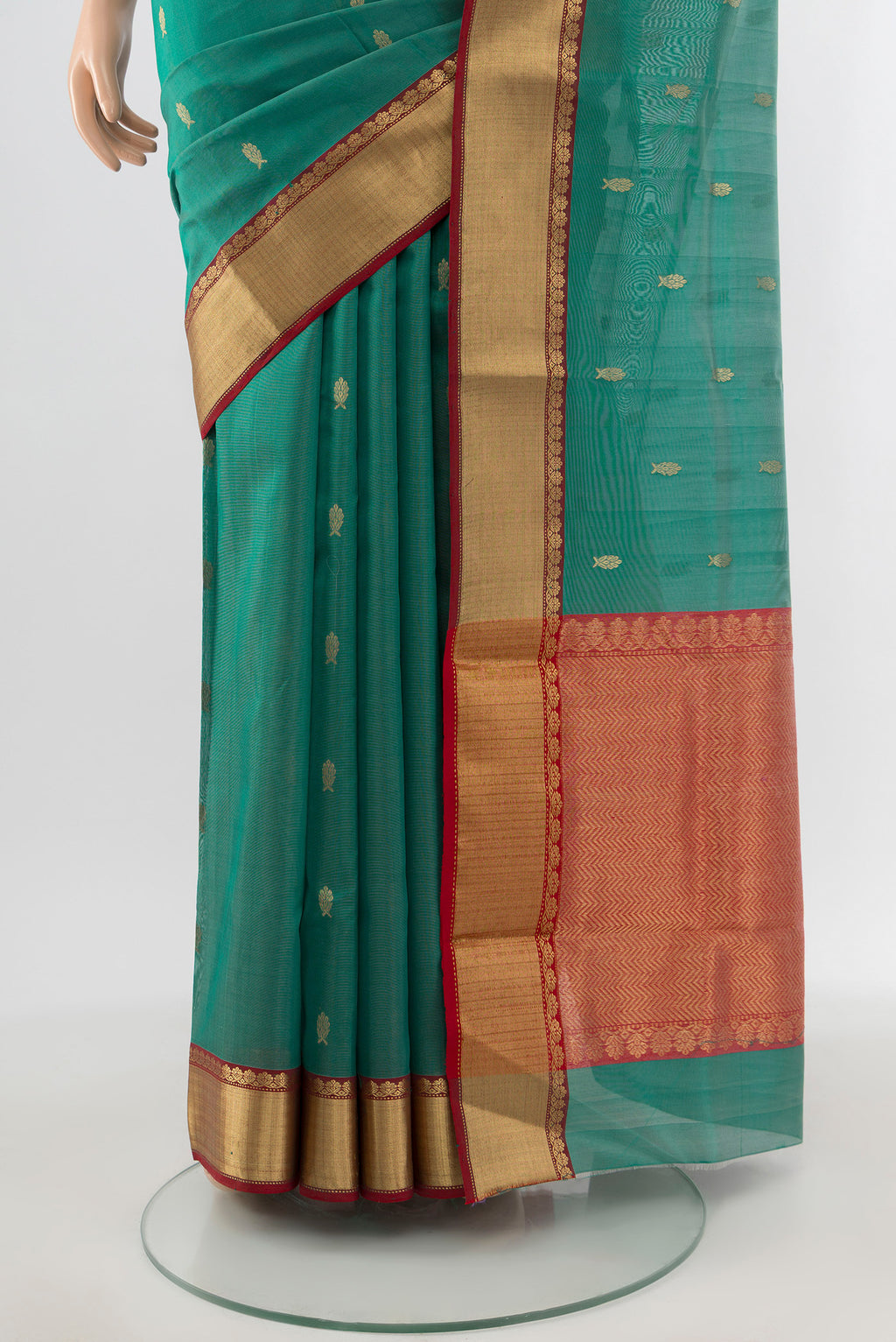 Pleats and pallu of Teal Chanderi Silk Cotton Saree with Zari Butta on the body and Zari Border. 