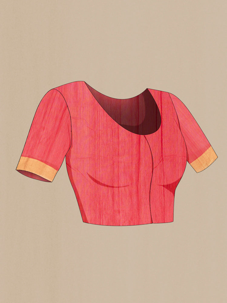 Close up image of the blouse of Red Chanderi Silk Cotton Saree with Zari Butta on the body and Silk Border. 