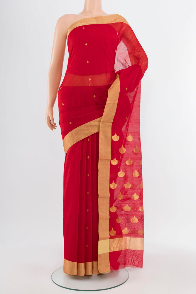 Red Chanderi Silk Cotton Saree with Zari Butta on the body and Silk Border.  displayed on a mannequin