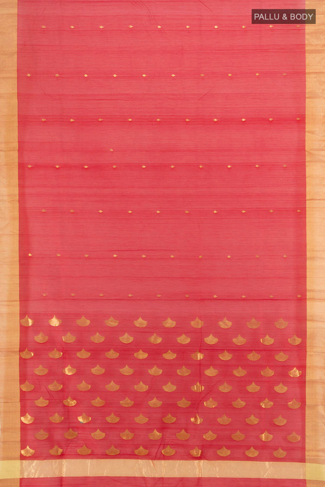 Flat view of Red Chanderi Silk Cotton Saree with Zari Butta on the body and Silk Border. 