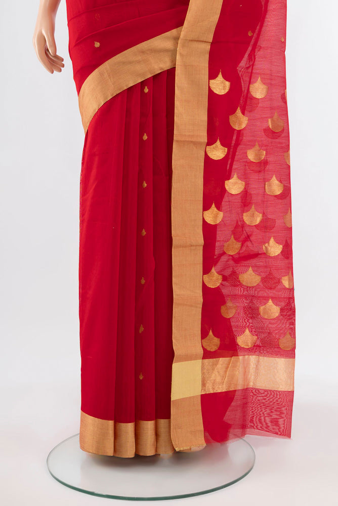 Pleats and pallu of Red Chanderi Silk Cotton Saree with Zari Butta on the body and Silk Border. 